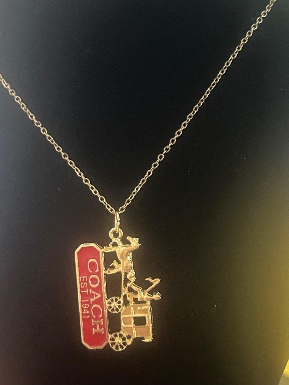 COACH Gold and Red Carriage Logo Pendant Necklace - Picture 5 of 9